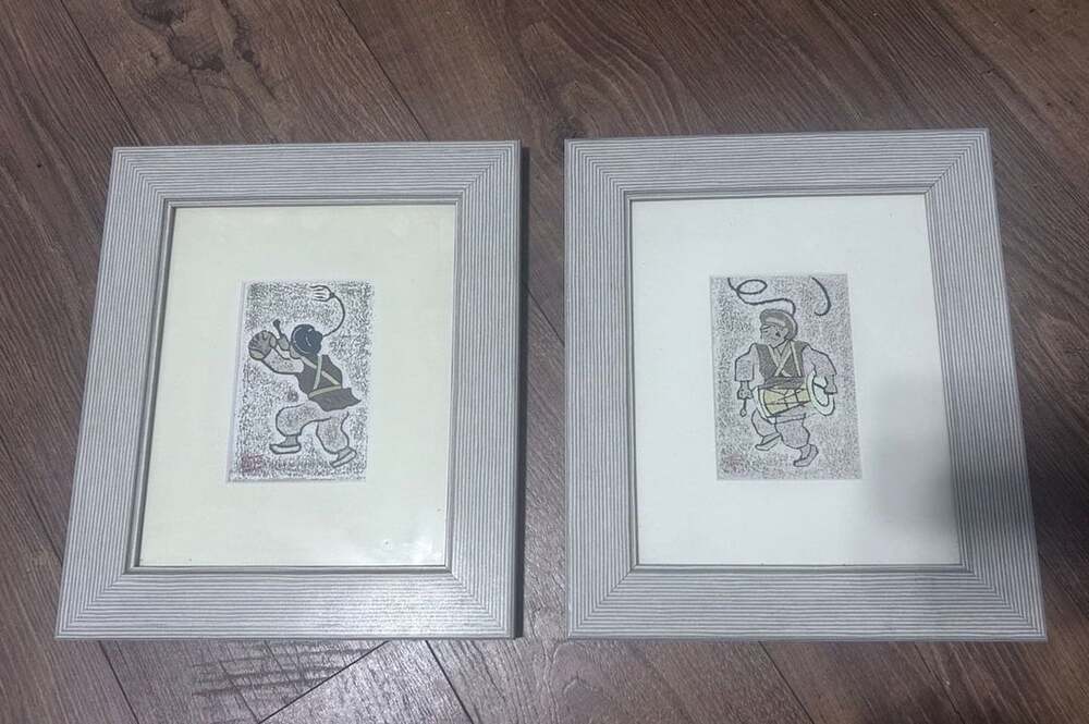 Vintage Pair of Korean Folk Art Prints in Textured Frames